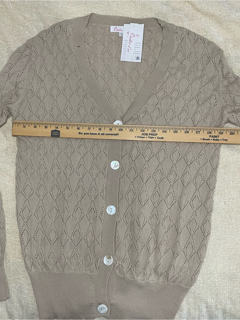 Light Beige Woman Openwork V-Neck Button Cardigan size L 100% Cotton - Picture 8 of 10